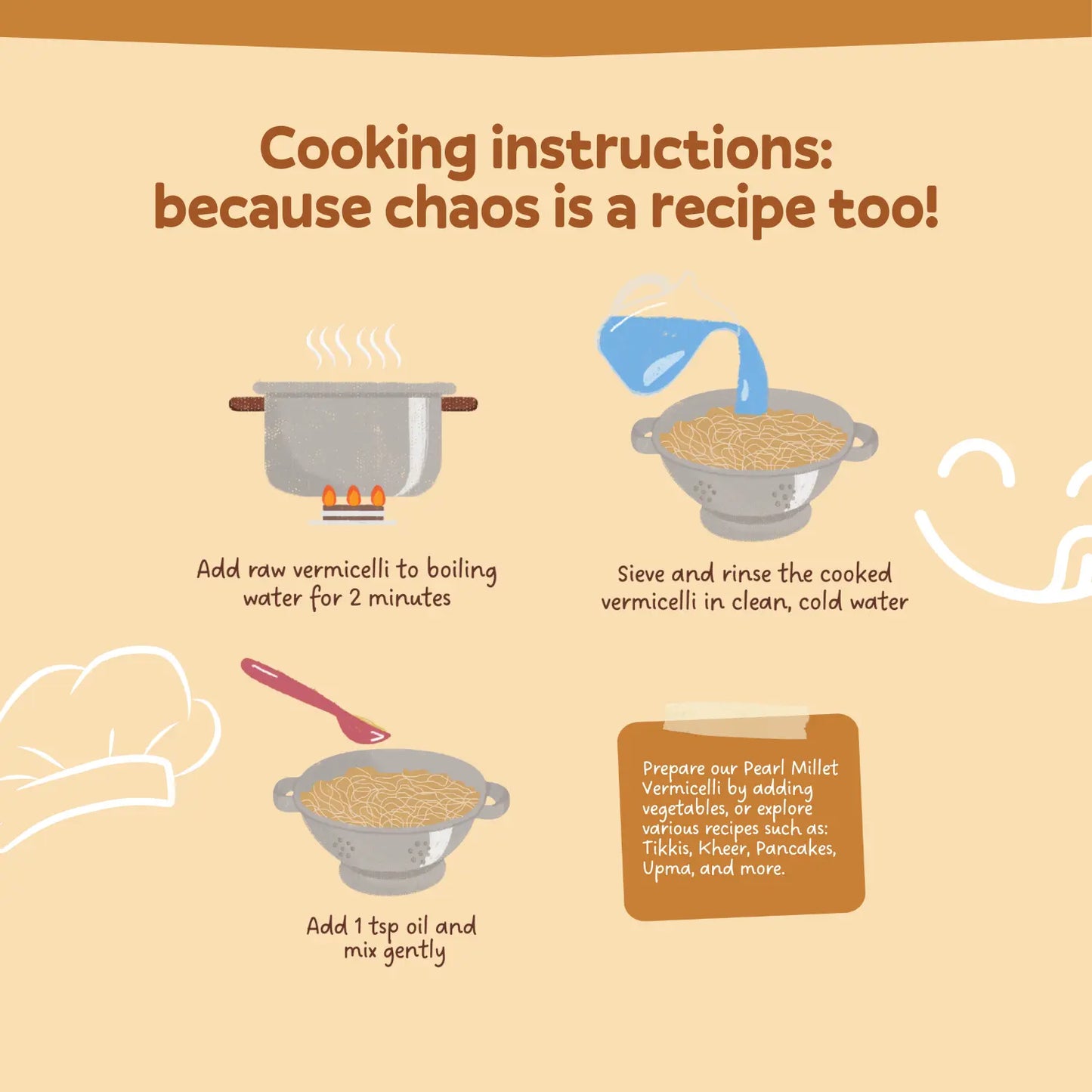 Cooking instructions for vermicelli with illustrations and text on a beige background