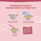 Cooking instructions for finger millet vermicelli on a pink background with text 'Because chaos is a recipe too!'.