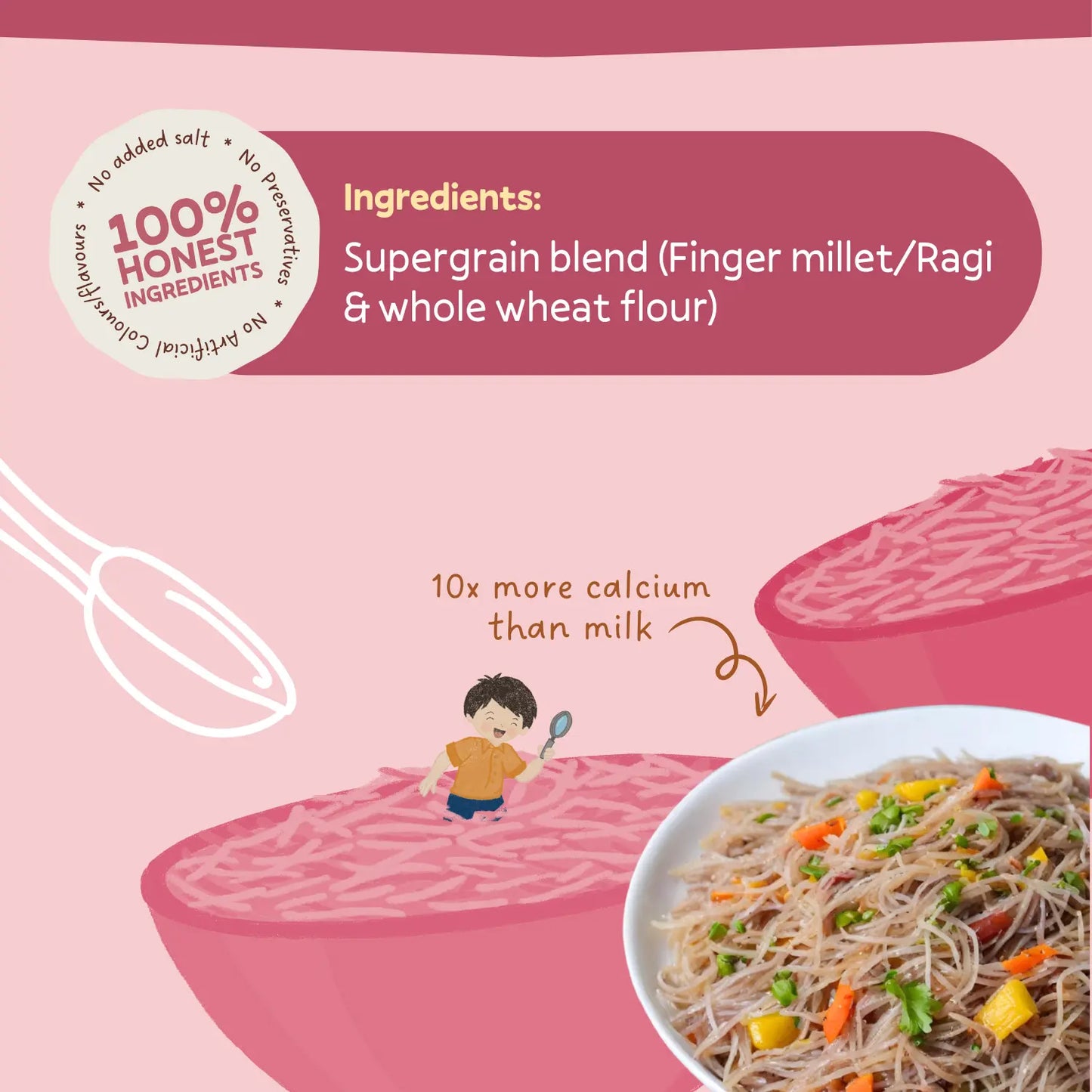 Product packaging with ingredients listed on a pink background
