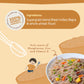 Illustration of a bowl of noodles with vegetables, a loaf of bread, and a child with a spoon on a beige background. Ingredients listed include supergrain blend and whole wheat flour.