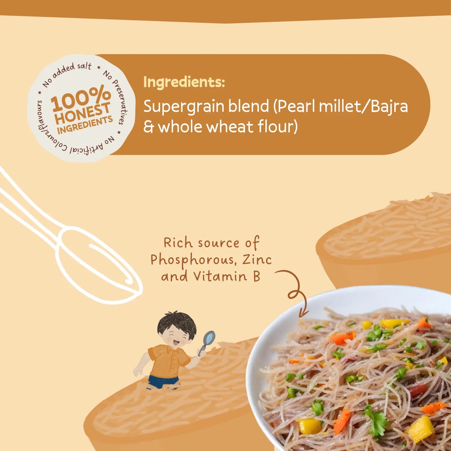 Illustration of a bowl of noodles with vegetables, a loaf of bread, and a child with a spoon on a beige background. Ingredients listed include supergrain blend and whole wheat flour.