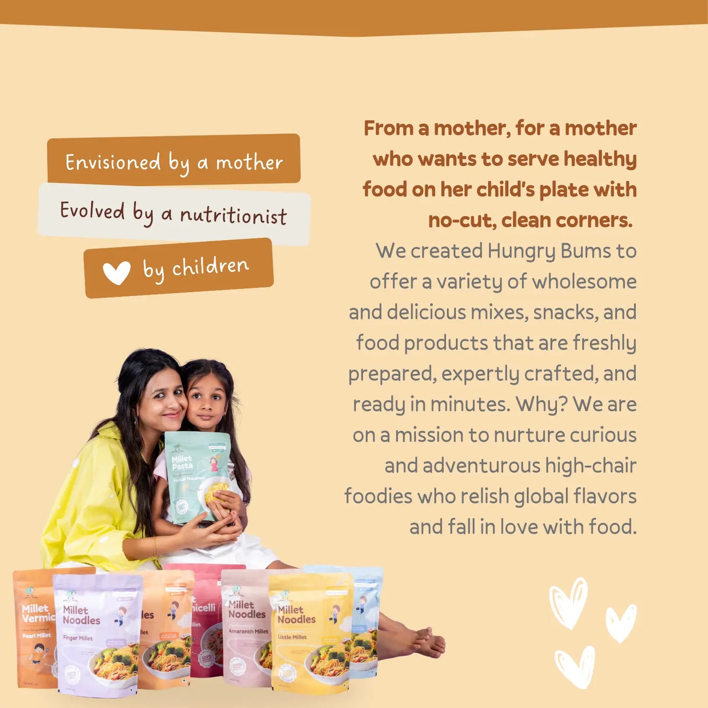 Promotional image of Hungry Bums food products with a mother and child holding a package.