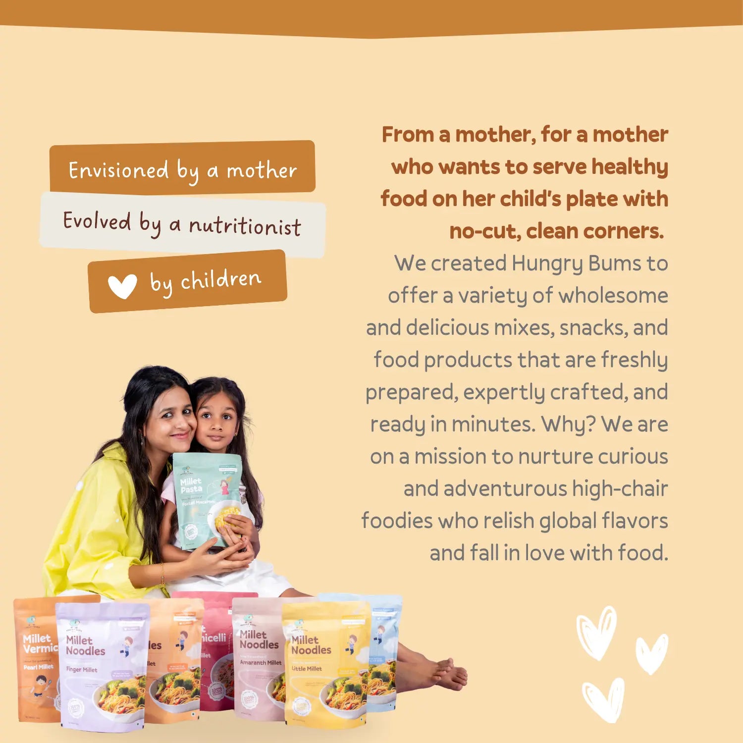 Promotional image of Hungry Bums food products with a mother and child holding a package.