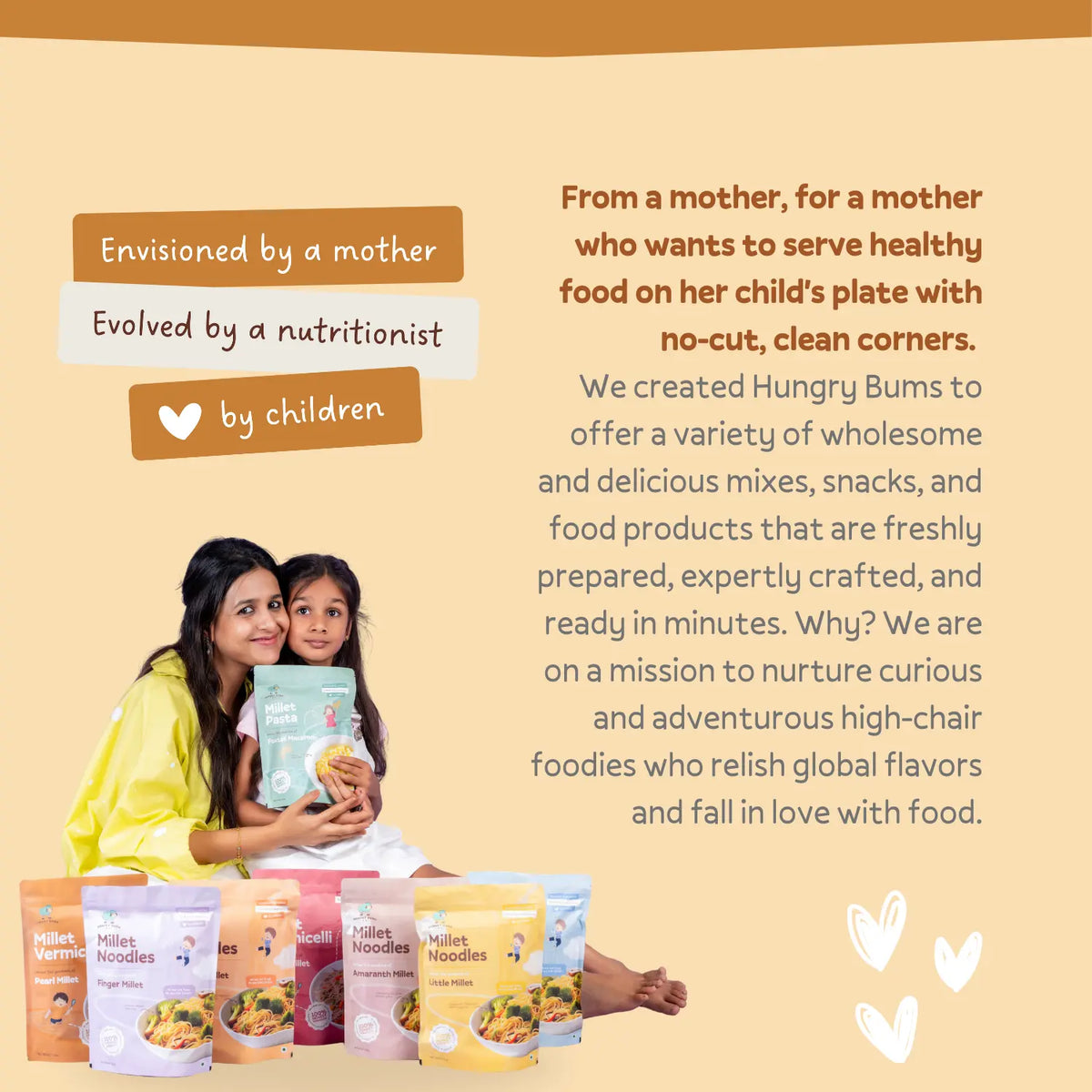 Promotional image of Hungry Bums food products with a mother and child holding a package.