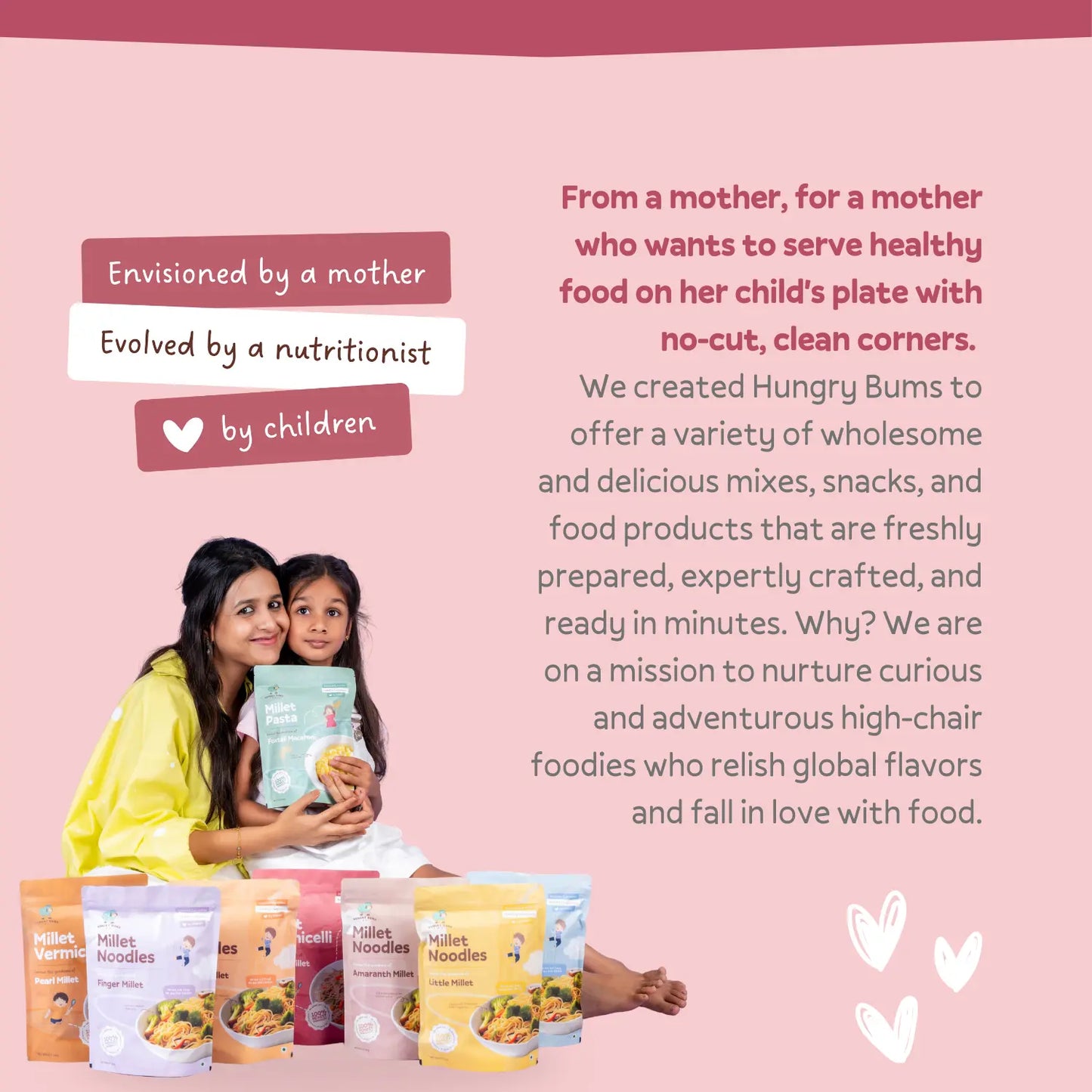 Advertisement for Hungry Bums food products with a woman and child holding a package on a pink background.