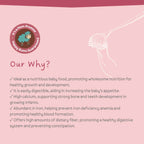 Pink background with text about baby food benefits and a logo on the left.