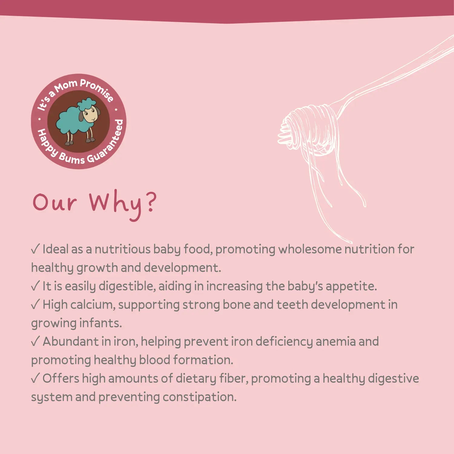 Pink background with text about baby food benefits and a logo on the left.