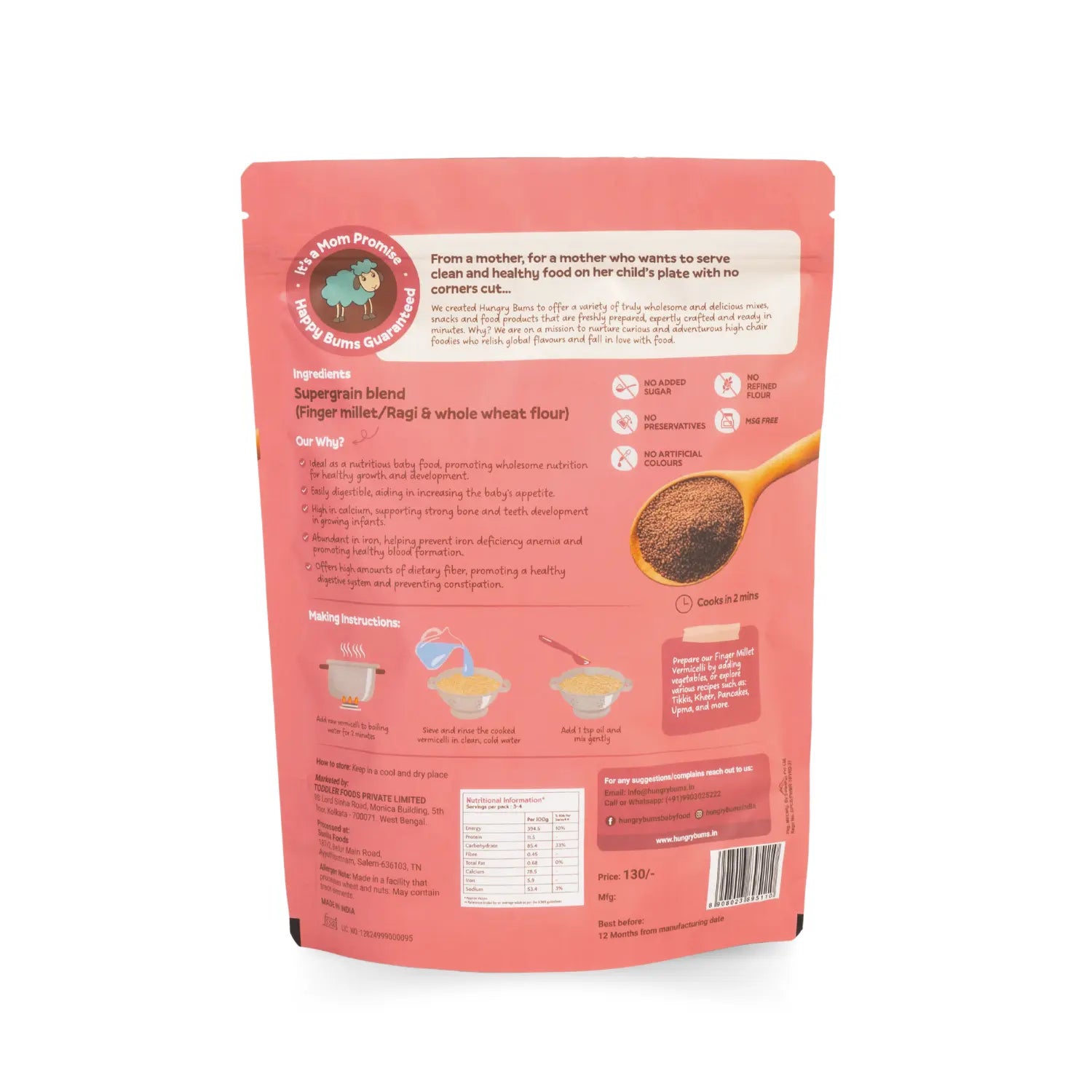 Pink packaging of a baby food product with text and graphics on a white background